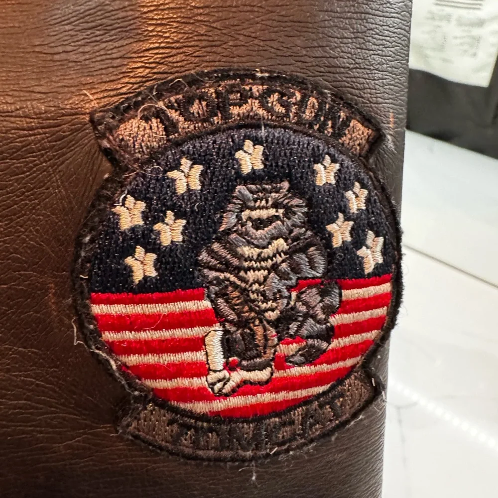 Brown Leather Aviator Bomber Jacket with Patches Top Gun size 8 - Picture 4 of 9